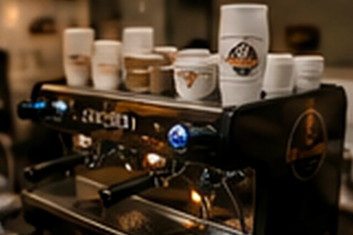 Detail van een professionele espressomachine met kopjes erbovenop
